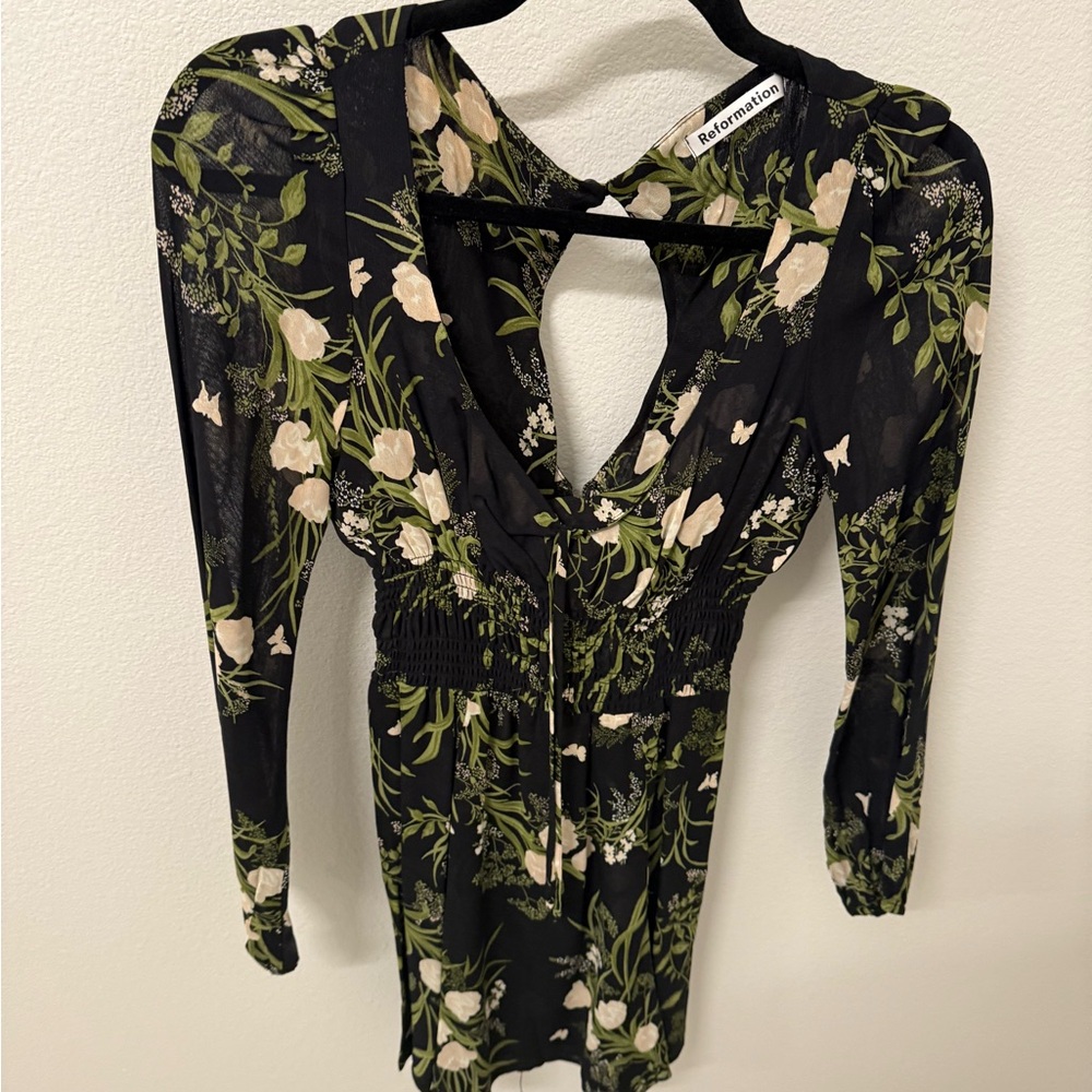 Reformation Anastasia Wilder Black and Green Floral Long Sleeve Dress - Size 6 - Picture 2 of 5